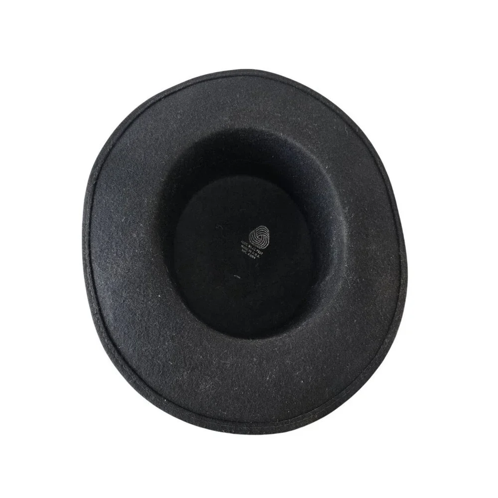 Vintage Black Wool Felt Hat Flat Crown Ribbon Band Formal Dress Hat USA 70s-90s